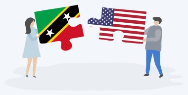 Kittitian ve Amerikan bayrakları ile iki bulmaca parçaları tutan çift. Saint Kitts ve Nevis ve Amerika Birleşik Devletleri ulusal semboller birlikte.