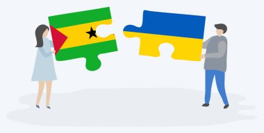 Çift Sao Tomean ve Ukrayna bayrakları ile iki bulmaca parçaları tutan. Sao Tome ve Principe ve Ukrayna ulusal sembolleri birlikte.