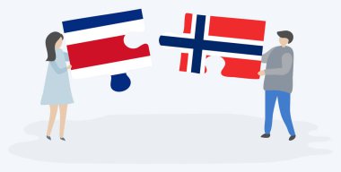 Çift Kosta Rika ve Norveç bayrakları ile iki bulmaca parçaları tutan. Kosta Rika ve Norveç ulusal sembolleri birlikte.