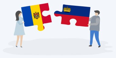 Moldova ve Lihtenştayn bayrakları ile iki bulmaca parçaları tutan çift. Moldova ve Lihtenştayn ulusal sembolleri birlikte.
