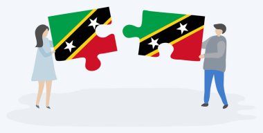 Çift Kittitian ve Kittitian bayrakları ile iki bulmaca parçaları tutan. Saint Kitts ve Nevis ve Saint Kitts ve Nevis ulusal sembolleri birlikte.