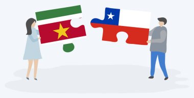 Çift Surinam ve Şili bayrakları ile iki bulmaca parçaları tutan. Surinam ve Şili ulusal sembolleri birlikte.