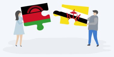 Malavi ve Bruneian bayrakları ile iki bulmaca parçaları tutan çift. Malavi ve Brunei ulusal sembolleri birlikte.