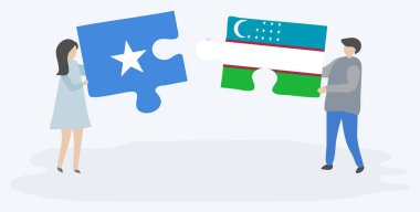 Çift, Somali ve Özbek bayraklarıyla iki bulmaca parçası tutuyor. Somali ve Özbekistan ulusal sembolleri birlikte.