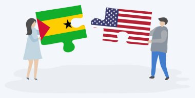 Sao Tomean ve Amerikan bayrakları ile iki bulmaca parçaları tutan çift. Sao Tome ve Principe ve Amerika Birleşik Devletleri ulusal semboller birlikte.