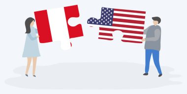 Perulu ve Amerikan bayrakları ile iki bulmaca parçaları tutan çift. Peru ve Amerika Birleşik Devletleri ulusal sembolleri birlikte.