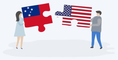 Samoa ve Amerikan bayrakları ile iki bulmaca parçaları tutan çift. Samoa ve Amerika Birleşik Devletleri ulusal semboller birlikte.