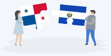 Panama ve Salvador bayrakları ile iki bulmaca parçaları tutan çift. Panama ve El Salvador ulusal sembolleri birlikte.