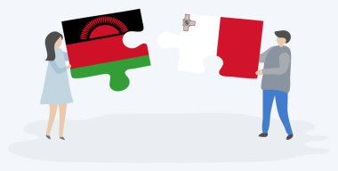 Malavi ve Malta bayraklarıyla iki bulmaca tutan çift. Malavi ve Malta ulusal sembolleri birlikte.