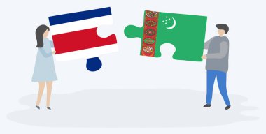 Kosta Rika ve Türkmen bayrakları ile iki bulmaca parçaları tutan çift. Kosta Rika ve Türkmenistan ulusal sembolleri birlikte.