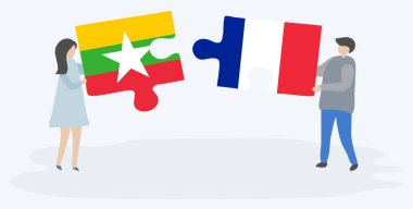 Çift Birmanya ve Fransız bayrakları ile iki bulmaca parçaları tutan. Myanmar ve Fransa ulusal sembolleri birlikte.