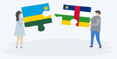 Ruanda ve Orta Afrika bayrakları ile iki bulmaca parçaları tutan çift. Ruanda ve Orta Afrika Cumhuriyeti ulusal sembolleri birlikte.