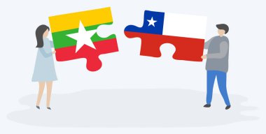 Çift Birmanya ve Şili bayrakları ile iki bulmaca parçaları tutan. Myanmar ve Şili ulusal sembolleri birlikte.
