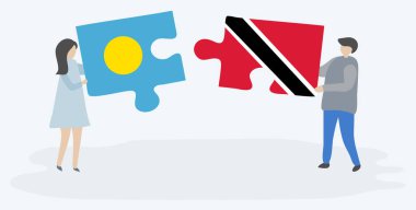 Palauan ve Trinidadian bayrakları ile iki bulmaca parçaları tutan çift. Palau ve Trinidad ve Tobago ulusal sembolleri birlikte.