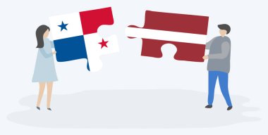 Panama ve Leton bayraklarıile iki bulmaca parçası tutan çift. Panama ve Letonya ulusal sembolleri birlikte.