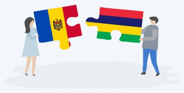 Moldova ve Moritanya bayraklarıyla iki bulmaca tutan çift. Moldova ve Mauritius ulusal sembolleri birlikte.