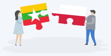 Çift Birmanya ve Polonya bayrakları ile iki bulmaca parçaları tutan. Myanmar ve Polonya ulusal sembolleri birlikte.