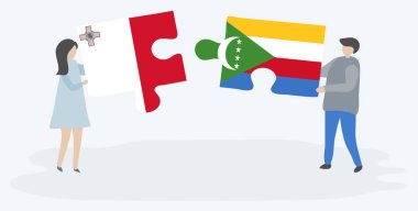 Malt ve Comoran bayraklarıyla iki bulmaca tutan çift. Malta ve Comoros ulusal sembolleri birlikte.