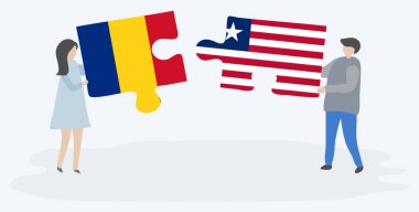 Romen ve Liberya bayrakları ile iki bulmaca parçaları tutan çift. Romanya ve Liberya ulusal sembolleri birlikte.