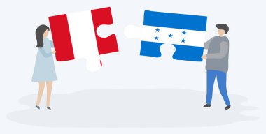 Perulu ve Honduras bayrakları ile iki bulmaca parçaları tutan çift. Peru ve Honduras ulusal sembolleri birlikte.