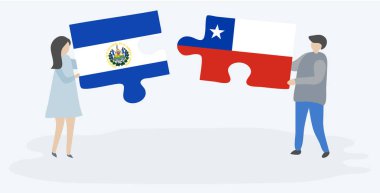 Çift Salvador ve Şili bayrakları ile iki bulmaca parçaları tutan. El Salvador ve Şili ulusal sembolleri birlikte.