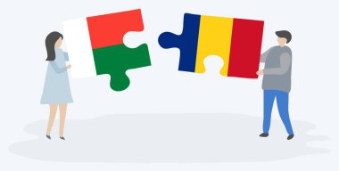 Çift Malagasy ve Romen bayrakları ile iki bulmaca parçaları tutan. Madagaskar ve Romanya ulusal sembolleri birlikte.
