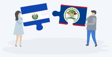 Salvador ve Belizean bayrakları ile iki bulmaca parçaları tutan çift. El Salvador ve Belize ulusal sembolleri birlikte.