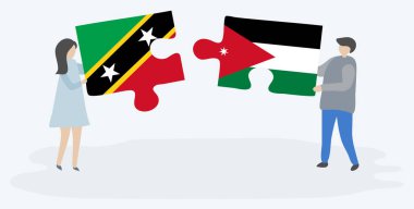Kittitian ve Ürdün bayrakları ile iki bulmaca parçaları tutan çift. Saint Kitts ve Nevis ve Ürdün ulusal sembolleri birlikte.