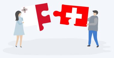 Malta ve İsviçre bayrakları ile iki bulmaca parçaları tutan çift. Malta ve İsviçre ulusal sembolleri birlikte.