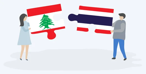 Pareja Sosteniendo Dos Piezas Rompecabezas Con Banderas Libanesas Tailandesas Líbano — Archivo Imágenes Vectoriales