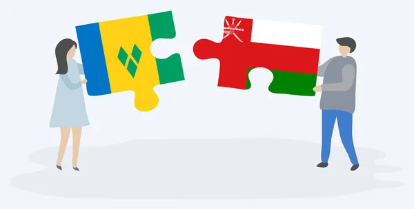 Paar Houden Twee Puzzels Stukken Met Vincentian Omani Vlaggen Saint — Stockvector