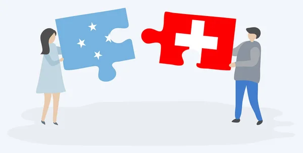 Пара Держащая Две Головоломки Микронезийскими Швейцарскими Флагами Микронезия Швейцария Вместе — стоковый вектор