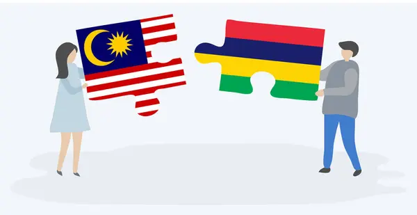 Pareja Sosteniendo Dos Piezas Rompecabezas Con Banderas Malasia Mauricio Malasia — Vector de stock
