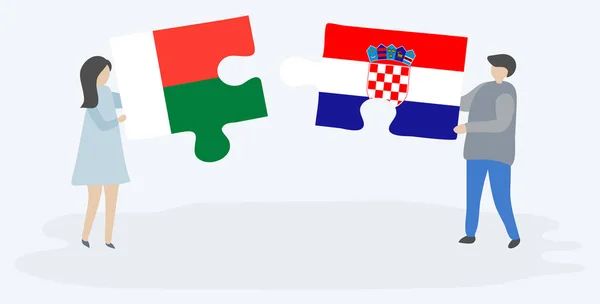 Casal Segurando Duas Peças Quebra Cabeças Com Bandeiras Malgaxes Croatas —  Vetores de Stock