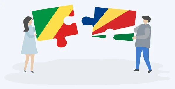 Casal Segurando Dois Quebra Cabeças Peças Com Bandeiras Congolesas Seychellois —  Vetores de Stock