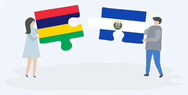 Para Trzyma Dwa Kawałki Puzzli Maurytyjskiej Flagi Salwador Mauritius Salwador — Wektor stockowy