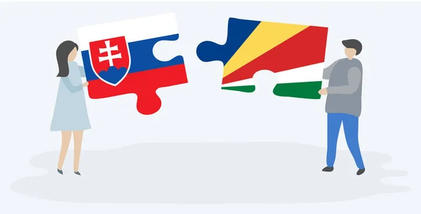 Para Trzyma Dwa Puzzle Kawałki Słowackim Seszellois Flagi Słowackie Seszele — Wektor stockowy