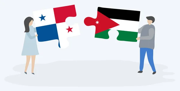 Couple Tenant Deux Pièces Puzzles Avec Des Drapeaux Panaméens Jordaniens — Image vectorielle