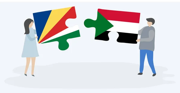 Paar Houden Twee Puzzels Stukken Met Seychellois Sudanese Vlaggen Seychellen — Stockvector