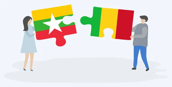 Birmanya Mali Bayrakları Ile Iki Bulmaca Parçaları Tutan Çift Myanmar — Stok Vektör