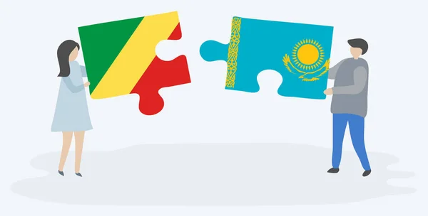 Paar Houden Twee Puzzels Stukken Met Congolese Kazachse Vlaggen Republiek — Stockvector