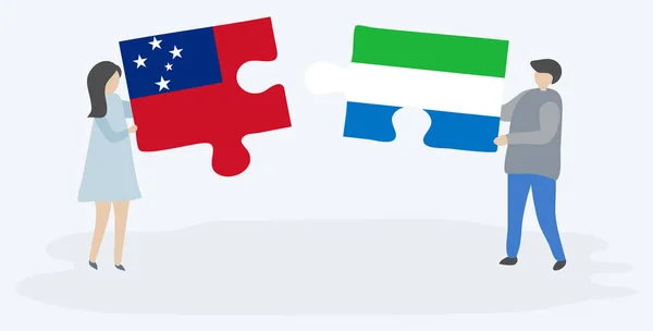 一对夫妇拿着两块拼图 上面挂着萨摩亚和塞拉利昂国旗 萨摩亚和塞拉利昂国家符号在一起 — 图库矢量图片