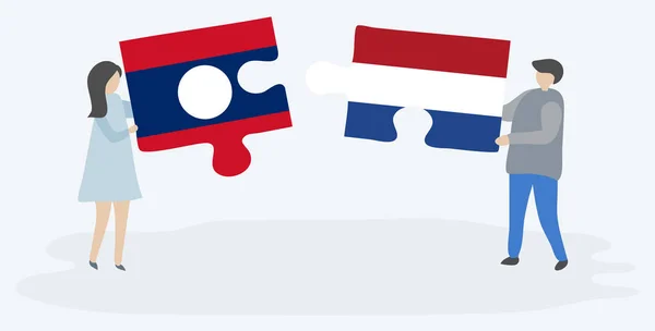 Paar Houden Twee Puzzels Stukken Met Lao Nederlandse Vlaggen Laos — Stockvector