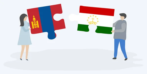 Casal Segurando Duas Peças Quebra Cabeças Com Bandeiras Mongol Tajiquistão —  Vetores de Stock