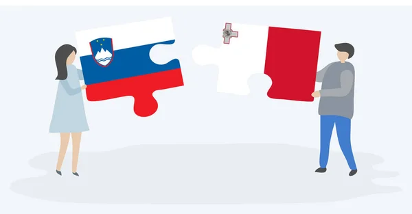 Ζευγάρι Που Κρατά Δύο Κομμάτια Παζλ Σλοβενικές Και Μαλτέζικες Σημαίες — Διανυσματικό Αρχείο