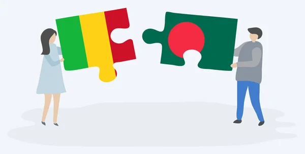 Couple Holding Two Puzzles Pieces Malian Bangladeshi Flags Mali Bangladesh — Stock Vector