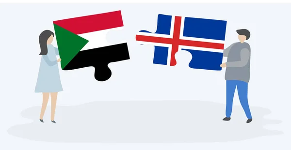 Para Trzymania Dwóch Puzzli Sudanu Flag Islandzkich Symbole Narodowe Sudanu — Wektor stockowy