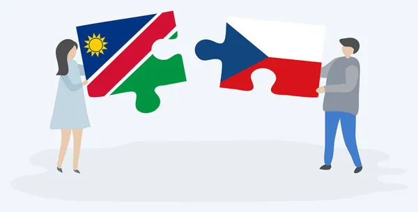 Pareja Sosteniendo Dos Piezas Rompecabezas Con Banderas Namibia Checa Namibia — Vector de stock