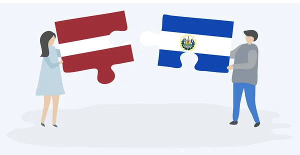 Couple Tenant Deux Pièces Puzzles Avec Des Drapeaux Lettons Salvadoriens — Image vectorielle