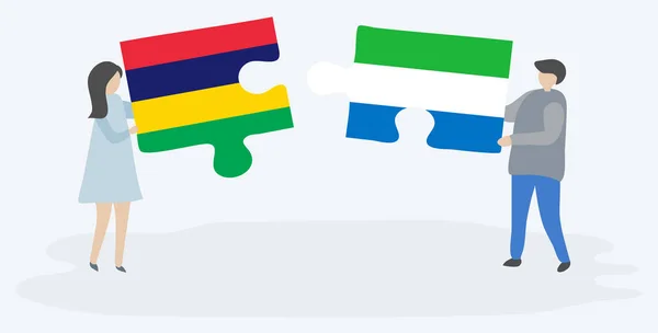 Dvojice Drží Dvě Skládanky Vlajkami Mauranského Sierry Leonean Národní Symboly — Stockový vektor